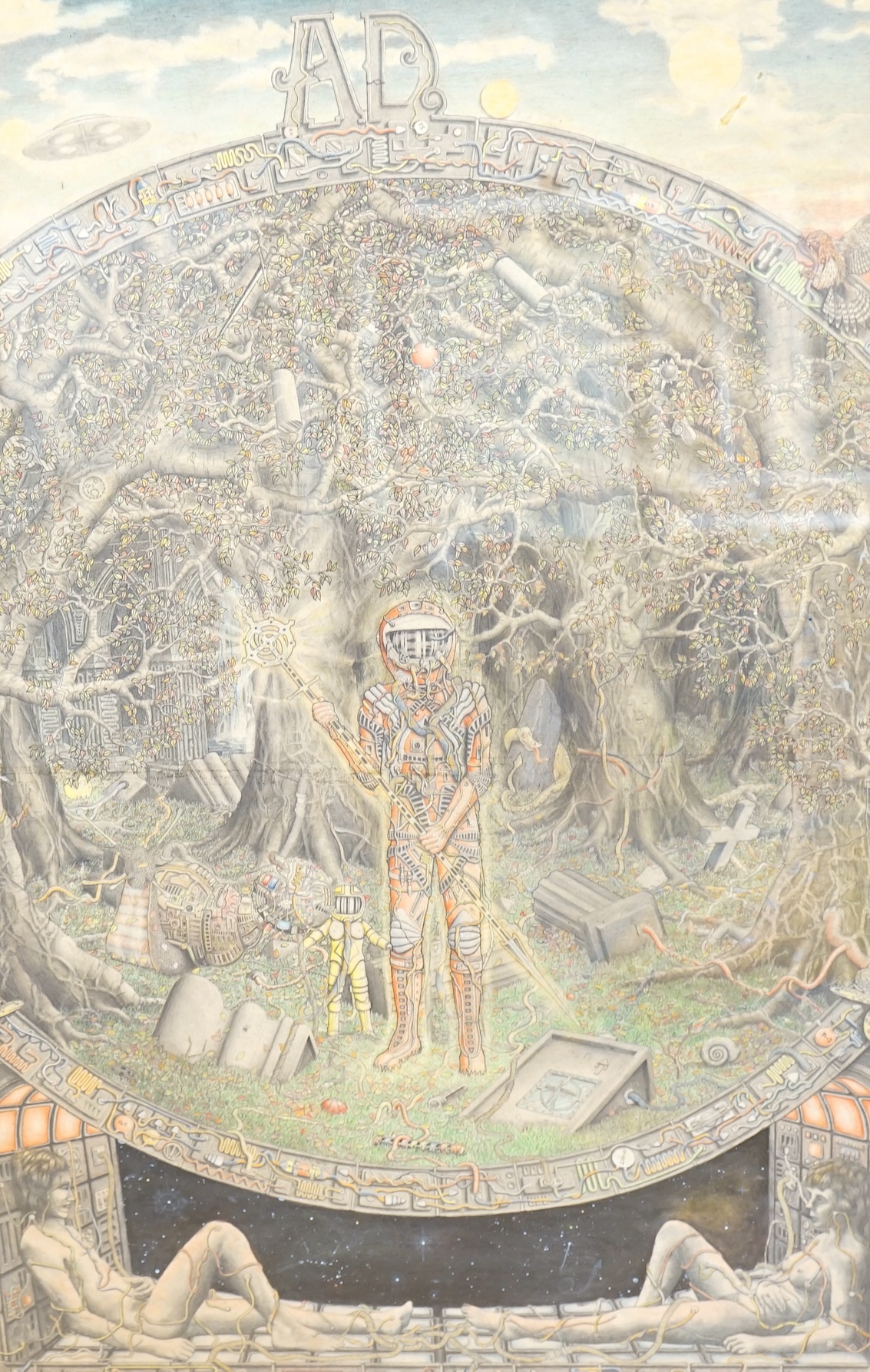 Tim Weare, pen, ink and pencil, Athena poster artist, Fantasy illustration with figures before trees, signed, c.1980's, 80 x 53cm. Condition - good